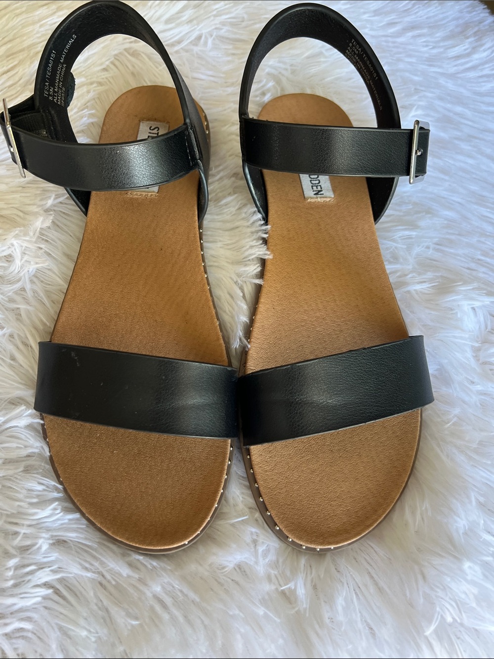 Steve Madden Black and Tan Leather Ankle Strap Sandals